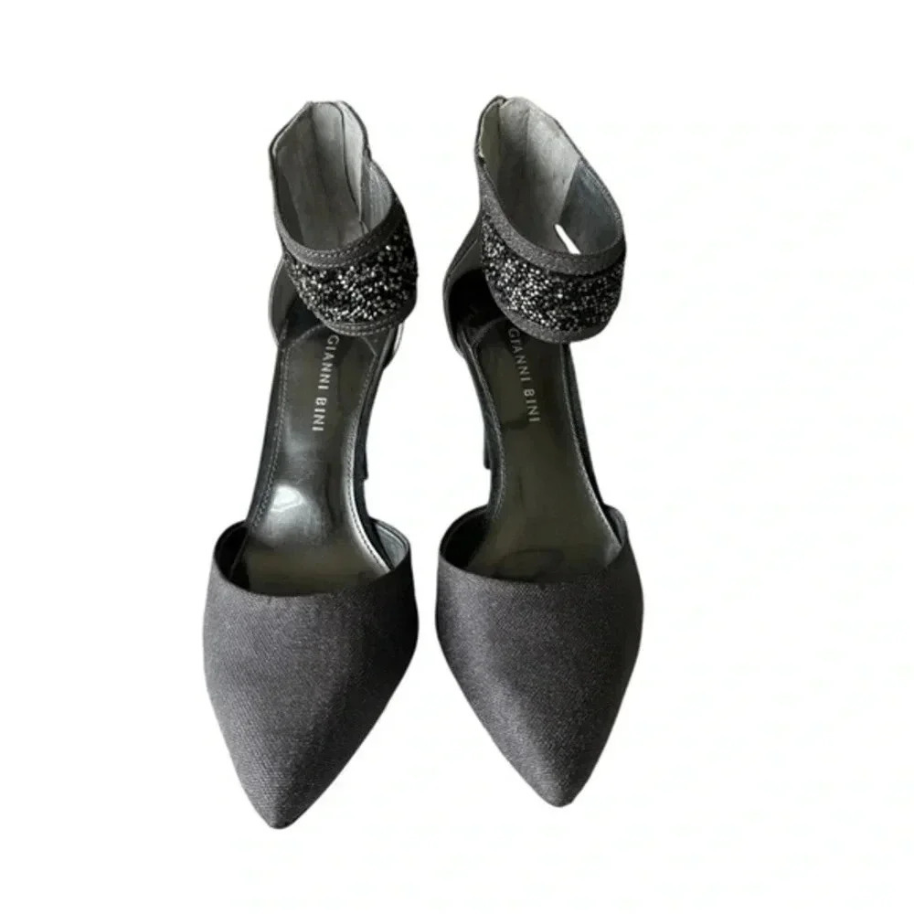 Gianni Bini Black Pointed Toe Ankle Strap Heels with Sparkle